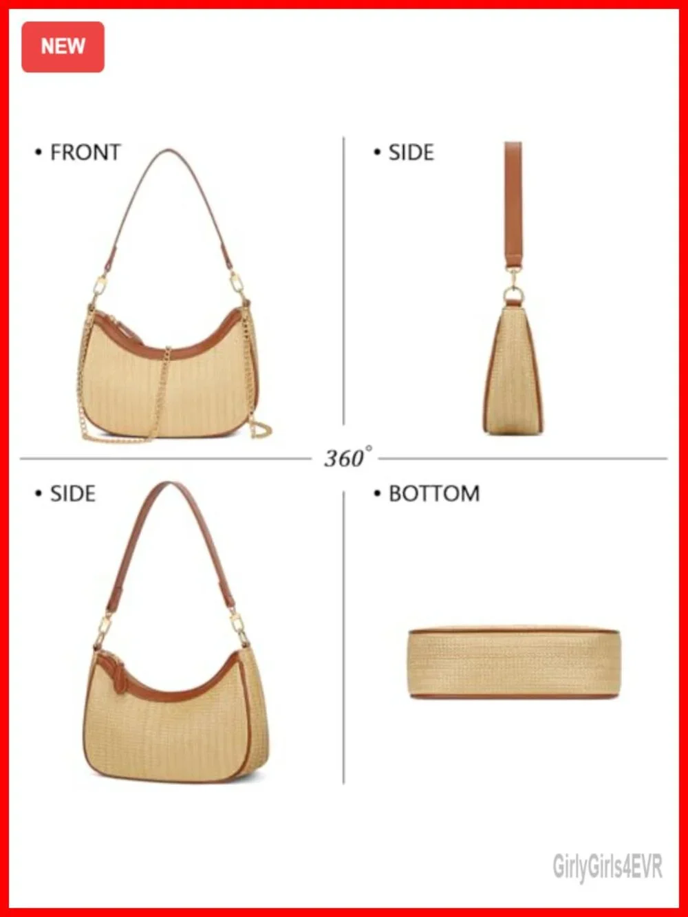 Woven Straw Hobo Bag for Women - Summer Crossbody Shoulder Purse with Gold Chain